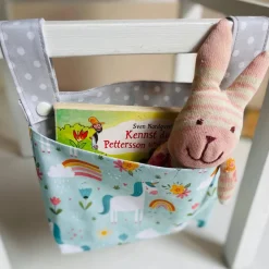 Hängeutensilo EINHORN BLAU Aufbewahrung für Bett Hochstuhl Kinderzimmer aus Baumwolle genäht Fabelwesen Punkte Geschenk