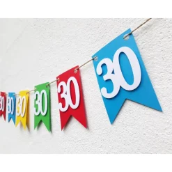 Hochwertige Girlande zum 30. Geburtstag oder Jubiläum, in leuchtend bunten Farben, Wimpel Wimpelkette Fahnengirlande Par