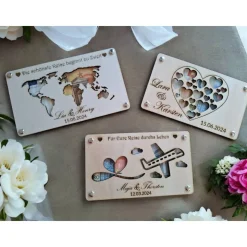 Hochzeit - personalisiertes Geldgeschenk aus Holz mit Lasergravur – Weltkarte, Herzen oder Flugzeug – Hochzeit & Ge