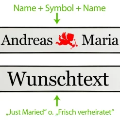 Hochzeit Deko Kennzeichen personalisiert mit Namen u. grod gheirat. Hochzeitskennzeichen selbst gestalten. Div. Schrifta