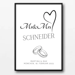 Hochzeit Geschenk Brautpaar | Hochzeitsgeschenk Poster Personalisiert | Mr & Mrs Ehering silber