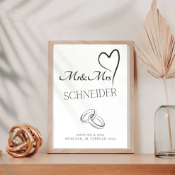Hochzeit Geschenk Brautpaar | Hochzeitsgeschenk Poster Personalisiert | Mr & Mrs Ehering silber
