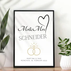 Hochzeit Geschenk Brautpaar | Hochzeitsgeschenk Poster Personalisiert | Mr & Mrs Ehering