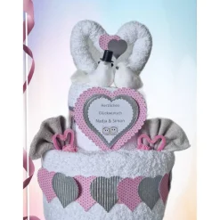 Hochzeit Geschenk Handtuchtorte rosa grau personalisiert mit Herzen