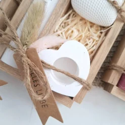 Hochzeit Geschenkset Hochzeitsgeschenk Dekoherz Kerzenhalter Herz Kerzenset Stabkerze Kerzenbox Holzbox Mitbringsel