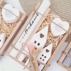 Hochzeit Geschenkset Hochzeitsgeschenk Häuser / Lichthäuser Kerzenhalter Herz Kerzenset  Stabkerze Kerzenbox Holzbox Mit