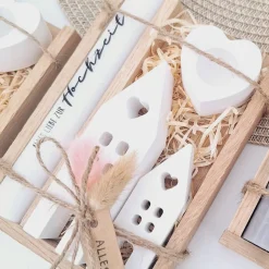 Hochzeit Geschenkset Hochzeitsgeschenk Häuser / Lichthäuser Kerzenhalter Herz Kerzenset  Stabkerze Kerzenbox Holzbox Mit