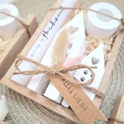 Hochzeit Geschenkset Hochzeitsgeschenk Häuser / Lichthäuser Kerzenhalter rund Kerzenset Stabkerze Kerzenbox Holzbox Mitb