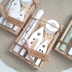 Hochzeit Geschenkset Hochzeitsgeschenk Häuser / Lichthäuser Kerzenhalter rund Kerzenset Stabkerze Kerzenbox Holzbox Mitb