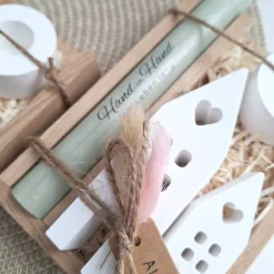 Hochzeit Geschenkset Hochzeitsgeschenk Häuser / Lichthäuser Kerzenhalter rund Kerzenset Stabkerze Kerzenbox Holzbox Mitb