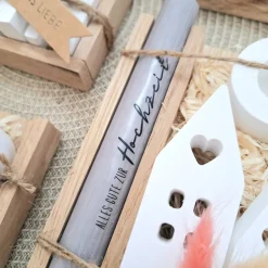 Hochzeit Geschenkset Hochzeitsgeschenk Häuser / Lichthäuser Kerzenhalter rund Kerzenset Stabkerze Kerzenbox Holzbox Mitb
