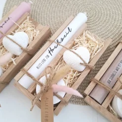 Hochzeit Geschenkset Hochzeitsgeschenk Dekoherz Kerzenhalter rund Kerzenset Stabkerze Kerzenbox Holzbox Mitbringsel