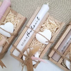 Hochzeit Geschenkset Hochzeitsgeschenk Dekoherz Kerzenhalter rund Kerzenset Stabkerze Kerzenbox Holzbox Mitbringsel