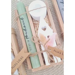 Hochzeit Geschenkset Hochzeitsgeschenk Haus / Lichthaus Kerzenhalter rund Kerzenset Stabkerze Kerzenbox Holzbox Mitbrin