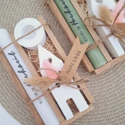 Hochzeit Geschenkset Hochzeitsgeschenk Haus / Lichthaus Kerzenhalter rund Kerzenset Stabkerze Kerzenbox Holzbox Mitbrin