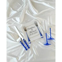 Hochzeitsaccessoires Hochzeitsgläser Sektgläser Hochzeitskerzen Brautaccessoires mit Namen Tortenmesser Tortenheber blau