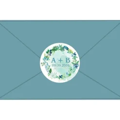 Hochzeitsaufkleber | Blumenkranz - mit Blättern & Schmetterlingen - blau grün