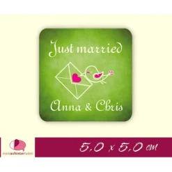 Hochzeitsaufkleber | Just married, Vögelchen mit Liebesbrief