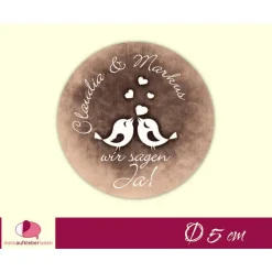 Hochzeitsaufkleber | Vögelchen mit Herzchen - wir sagen Ja