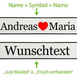 Hochzeitsauto Deko: 2 personalisierte Kennzeichen mit Namen / Just Married | Brautauto Schild Hochzeit Wunschtext / mehr