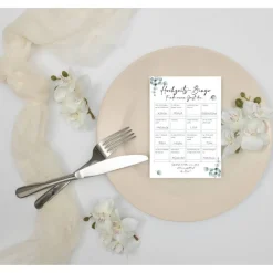 Hochzeitsbingo als Hochzeitsspiel für Brautpaar & Gäste im schönen Eukalyptus Design I 50 Blätter I CreativeRobin