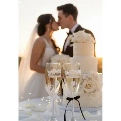 Hochzeits-Champagnergläser „Love Sparkle“ – Handverzierte Sektgläser mit Perlen, AB-Schimmer & Federn im Brautpaar-Look