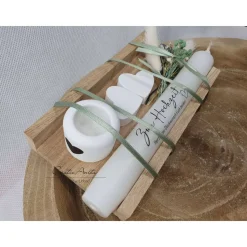 Hochzeitsgeschenk - Geschenkset mit zwei Herzen aus Beton, Kerze, Kerzenständer und Trockenblumen dekoriert
