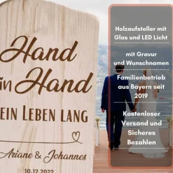 Hochzeitsgeschenk Holzschild Hand in Hand ein Leben lang personalisiert mit Namen und Datum