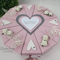 Hochzeitsgeschenk mit Röschen & Herzen zur Hochzeit in ALTROSA-PERLMUTT-GRAU - Geschenk zur Standesamtlichen Hochzeit -