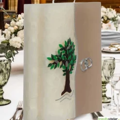 Hochzeitskerze 2 Dochte Doppelwelle in weiß mit Baum und Eheringen, außergewöhnliche Doppeldochtkerze