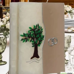 Hochzeitskerze 2 Dochte Doppelwelle in weiß mit Baum und Eheringen, außergewöhnliche Doppeldochtkerze