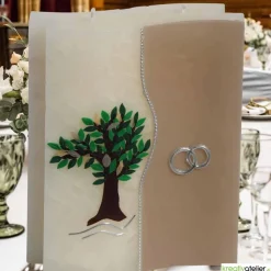 Hochzeitskerze 2 Dochte Doppelwelle in weiß mit Baum und Eheringen, außergewöhnliche Doppeldochtkerze