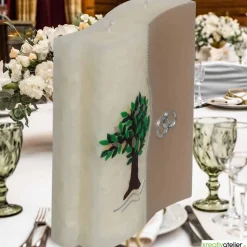 Hochzeitskerze 2 Dochte Doppelwelle in weiß mit Baum und Eheringen, außergewöhnliche Doppeldochtkerze