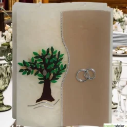 Hochzeitskerze 2 Dochte Doppelwelle in weiß mit Baum und Eheringen, außergewöhnliche Doppeldochtkerze