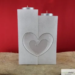 Hochzeitskerze 2 Dochte mit 2 Teelichten, Perlmutt-Oberfläche, gefräste Herzen,  Doppelhochzeitskerze, personalisierbar