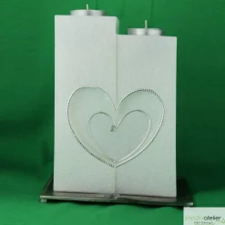 Hochzeitskerze 2 Dochte mit 2 Teelichten, Perlmutt-Oberfläche, gefräste Herzen,  Doppelhochzeitskerze, personalisierbar