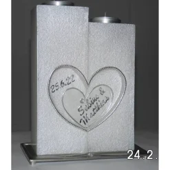 Hochzeitskerze 2 Dochte mit 2 Teelichten, Perlmutt-Oberfläche, gefräste Herzen,  Doppelhochzeitskerze, personalisierbar