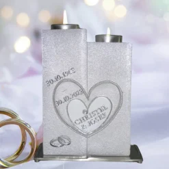 Hochzeitskerze 2 Dochte mit 2 Teelichten, Perlmutt-Oberfläche, gefräste Herzen,  Doppelhochzeitskerze, personalisierbar