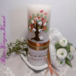 HOCHZEITSKERZE * Rustikkerze * Motiv Lebensbaum * mit Spitzenband, Satinbändern im Vintage-Look
