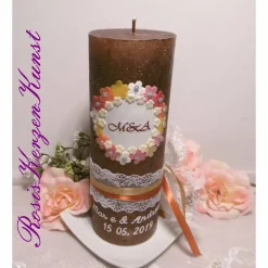 HOCHZEITSKERZE * Rustikkerze * mit Monogram/Initialien des Brautpaares, Spitzenband, Satinbändern im Vintage-Look