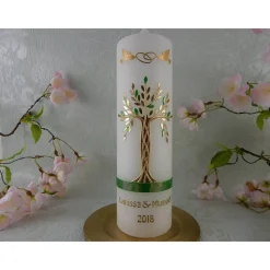 Hochzeitskerze - Traukerze - Kerze Geschenk zur Hochzeit - Hochzeitskerze Lebensbaum gold grün