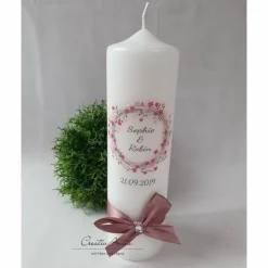 Hochzeitskerze Blütenkranz - Blumen - Rosa-Beere - Personalisiert