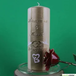 Hochzeitskerze Champagner mit Perlstreifen, Tauben und Eheringen, personalisierbar, ideal als Hochzeitsgeschenk