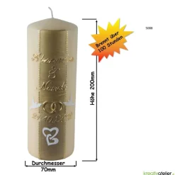 Hochzeitskerze Champagner mit Perlstreifen, Tauben und Eheringen, personalisierbar, ideal als Hochzeitsgeschenk
