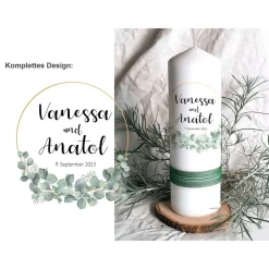 Hochzeitskerze Design Eukalyptus unten - Stumpenkerze