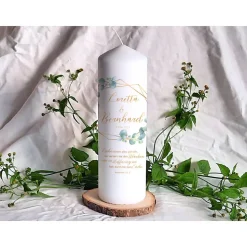 Hochzeitskerze Design Eukalyptus Gold - Stumpenkerze