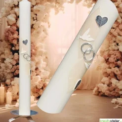 Hochzeitskerze elfenbein mit silbernen Tauben und Herzen, personalisierbar mit Namen und Datum, perfekte Hochzeitsdeko