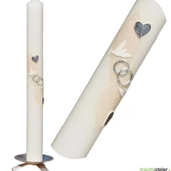 Hochzeitskerze elfenbein mit silbernen Tauben und Herzen, personalisierbar mit Namen und Datum, perfekte Hochzeitsdeko