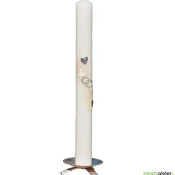 Hochzeitskerze elfenbein mit silbernen Tauben und Herzen, personalisierbar mit Namen und Datum, perfekte Hochzeitsdeko