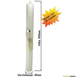 Hochzeitskerze elfenbein mit silbernen Tauben und Herzen, personalisierbar mit Namen und Datum, perfekte Hochzeitsdeko